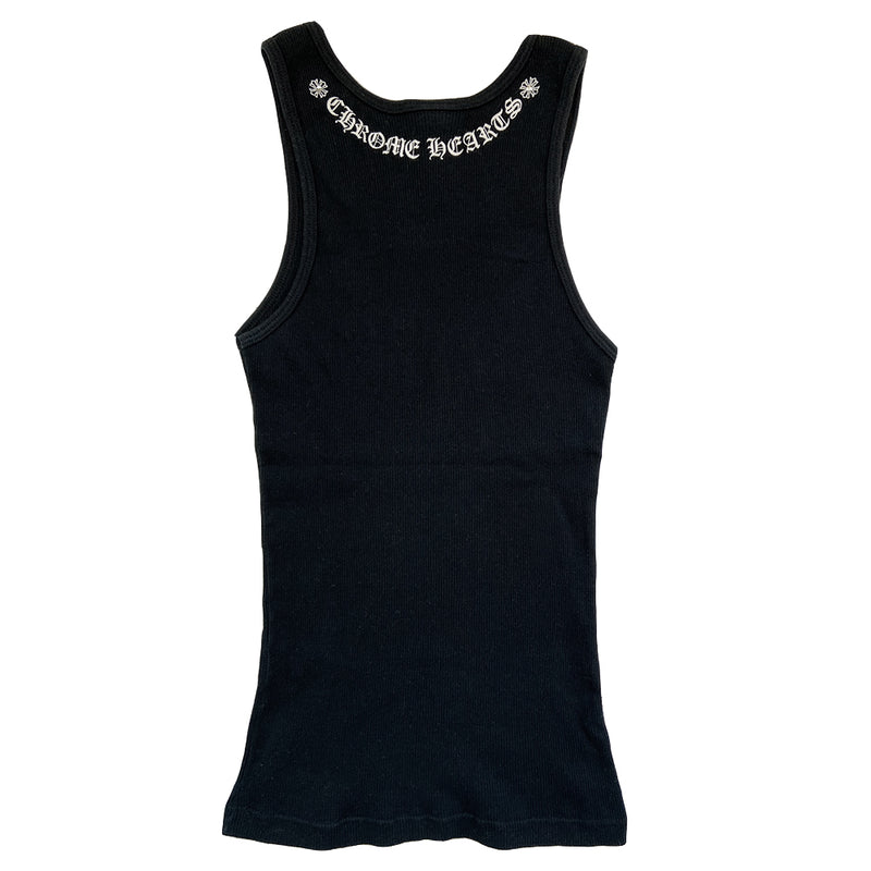 Chrome Hearts crystal heart logo tank, circa early 2000’s. Chrome Hearts crystal embellished design at chest, Chrome Hearts logo along back neckline with a crystal embedded at each end. Each crystal fastened with secure clamp fasteners. Made in USA 