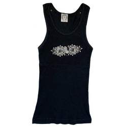 Chrome Hearts crystal heart logo tank, circa early 2000’s. Chrome Hearts crystal embellished design at chest, Chrome Hearts logo along back neckline with a crystal embedded at each end. Each crystal fastened with secure clamp fasteners. Made in USA 