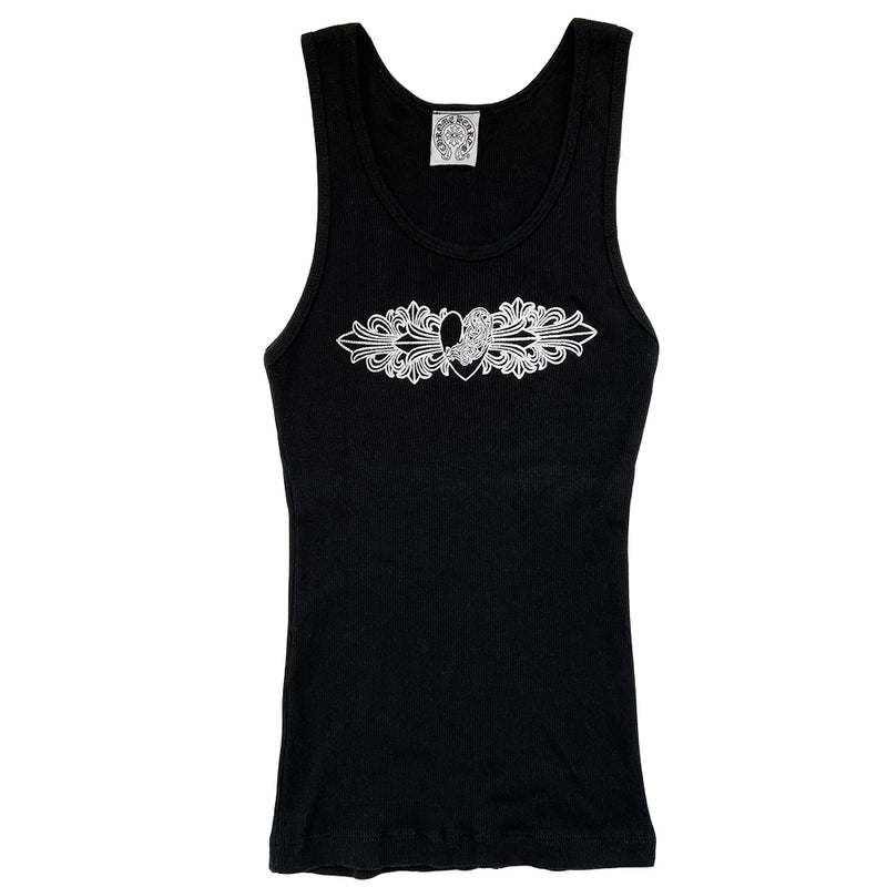Chrome Hearts black heart logo tank circa early 2000’s. Heart design at chest with Chrome Hearts logo along back neckline, Fuck You at bottom hem Tag Size: O/S Made in USA 