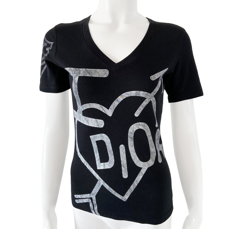 Christian Dior Hey Skool Girl short sleeved V neck tee by John Galliano for Dior, 2004. I Heart Dior with heart and arrow in front, Hey Skool Girl in back and Dior Prefect on one sleeve. Color: Black with white print. Made in Italy