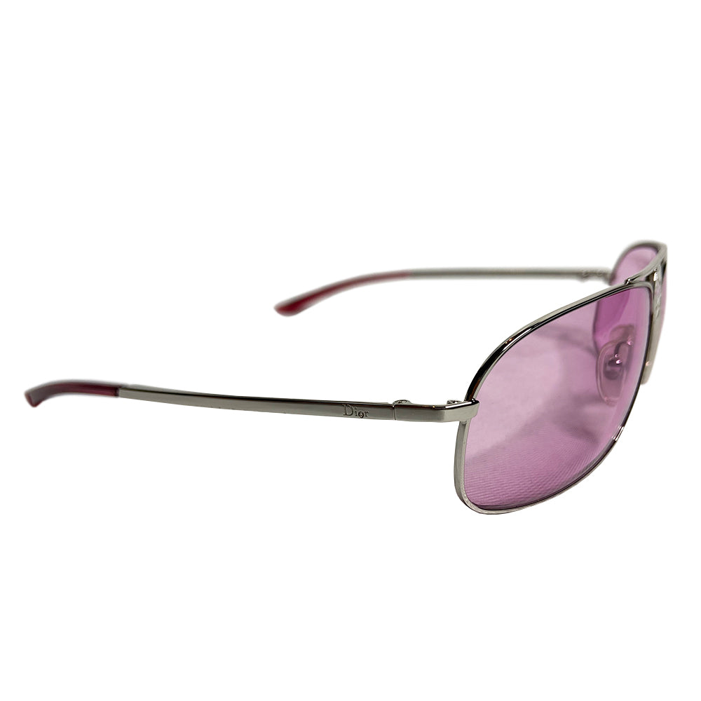 Christian Dior Hippy 2 Sunglasses with pink tinted lenses, silver-tone metal frames and center bridge star detail. Crystal embellishment at Dior logo on arms. Made in Italy