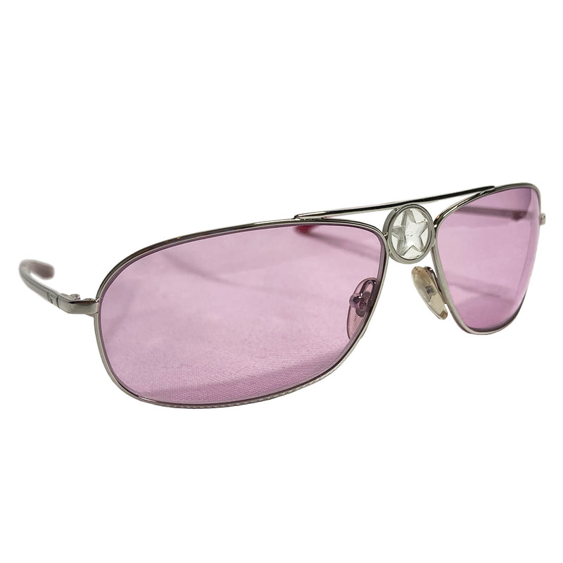 Christian Dior Hippy 2 Sunglasses with pink tinted lenses, silver-tone metal frames and center bridge star detail. Crystal embellishment at Dior logo on arms. Made in Italy