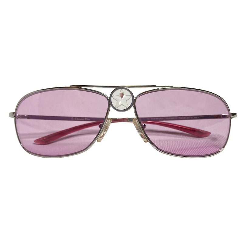 Christian Dior Hippy 2 Sunglasses with pink tinted lenses, silver-tone metal frames and center bridge star detail. Crystal embellishment at Dior logo on arms. Made in Italy