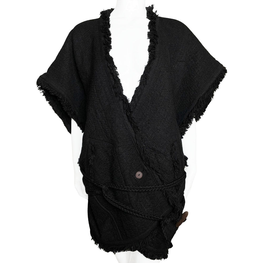  Fall 1984 Issey Miyake black fringed woven vest documented in Irving Penn's book, "Issey Miyake Photographs By Irving Penn", page 32 with back ornament detail featuring beads, sequins and embroidery with two side pockets, rope belt toggle tie, single front button. Style: NO ED67194. Made in Japan