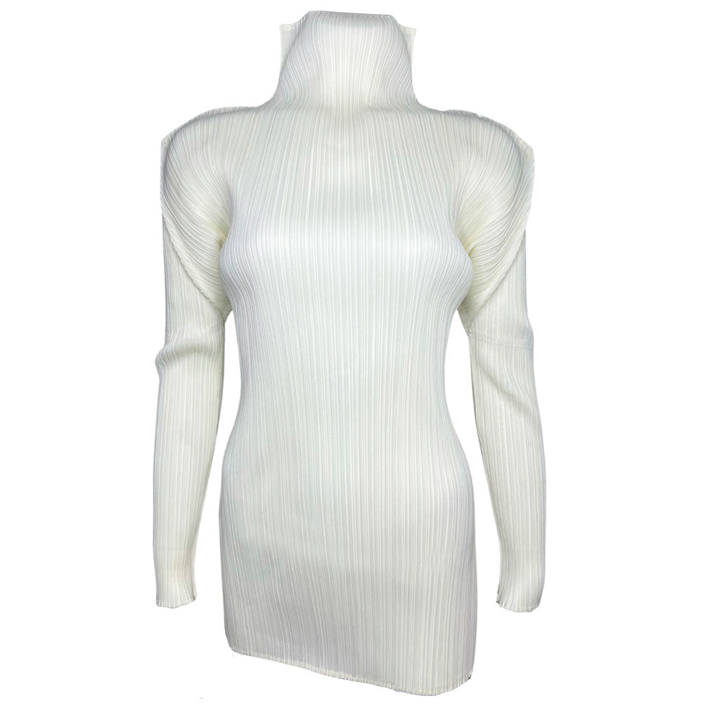 Issey Miyake Pleats Please off white long sleeve finely pleated mock neck top, circa 1990's with rounded shoulders. Made in Japan