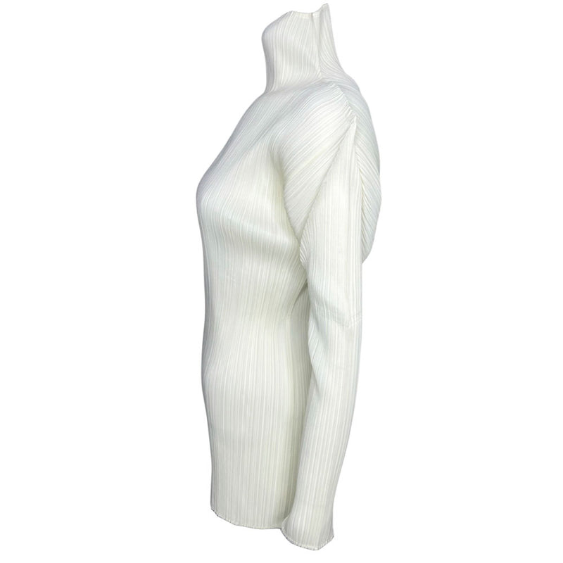 Issey Miyake Pleats Please off white long sleeve finely pleated mock neck top, circa 1990's with rounded shoulders. Made in Japan