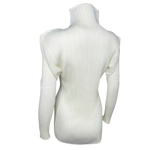 Issey Miyake Pleats Please off white long sleeve finely pleated mock neck top, circa 1990's with rounded shoulders. Made in Japan