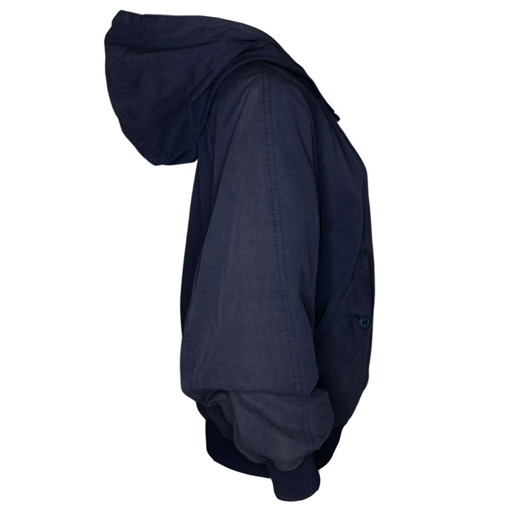 Issey Miyake by Tsumori Chisato navy zip hooded jacket with 2 front angled button flap pockets, ribbed cuffs and bottom hem, I.S. printed on back. Reversible with Interior lined in light grey jersey with two inner slip pockets. Made in Japan