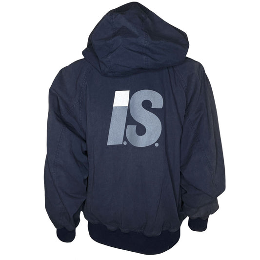 Issey Miyake by Tsumori Chisato navy zip hooded jacket with 2 front angled button flap pockets, ribbed cuffs and bottom hem, I.S. printed on back. Reversible with Interior lined in light grey jersey with two inner slip pockets. Made in Japan