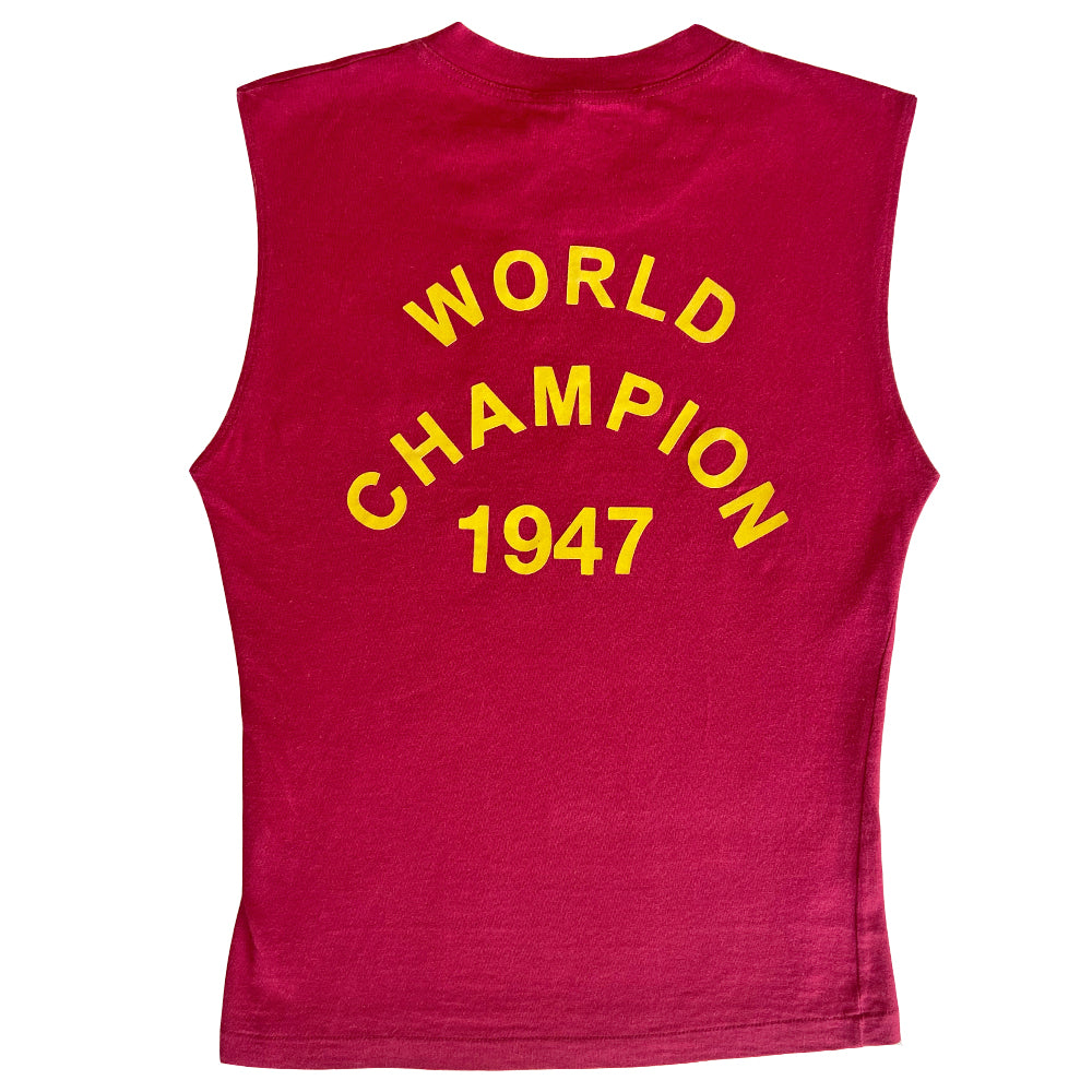 Christian Dior J’Adore Dior fuchsia 1947 World Champion crew neck sleeveless tee by John Galliano for Christian Dior, FW 2002 with velvety yellow appliqué J’Adore Dior lettering in front World Champion 1947 in back. Made in Italy 