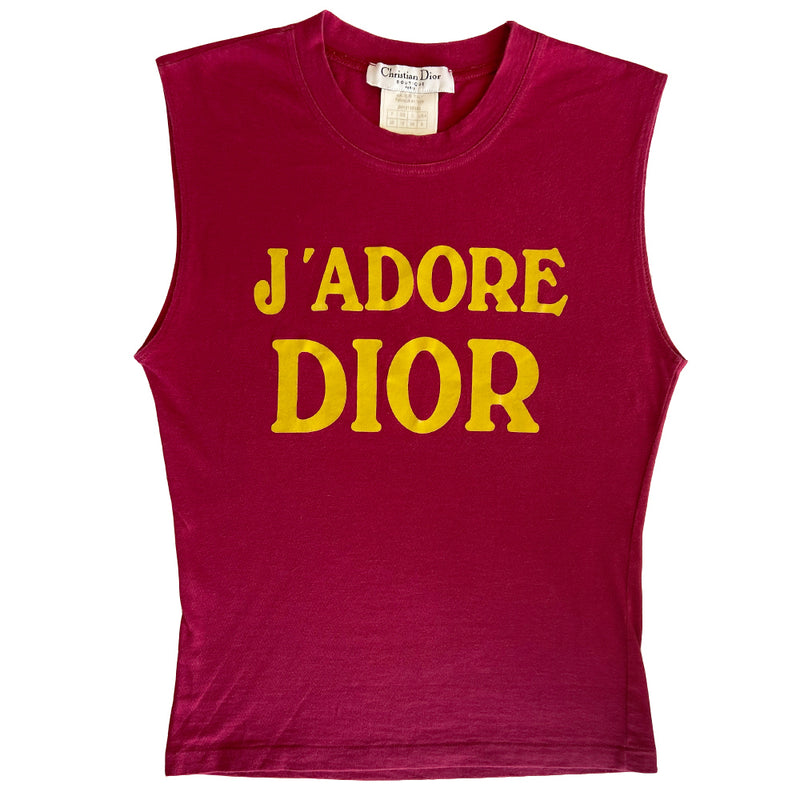 Christian Dior J’Adore Dior fuchsia 1947 World Champion crew neck sleeveless tee by John Galliano for Christian Dior, FW 2002 with velvety yellow appliqué J’Adore Dior lettering in front World Champion 1947 in back. Made in Italy 
