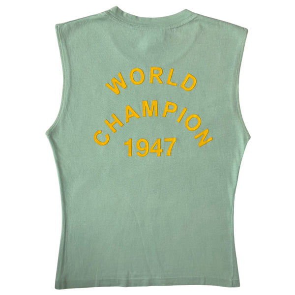 Christian Dior J’Adore Dior 1947 World Champion light blue with yellow letters sleeveless tee John Galliano for Christian Dior, FW 2001 with velvety appliqué lettering front and back. J’Adore Dior in front with World Champion 1947 in back. Made in Italy