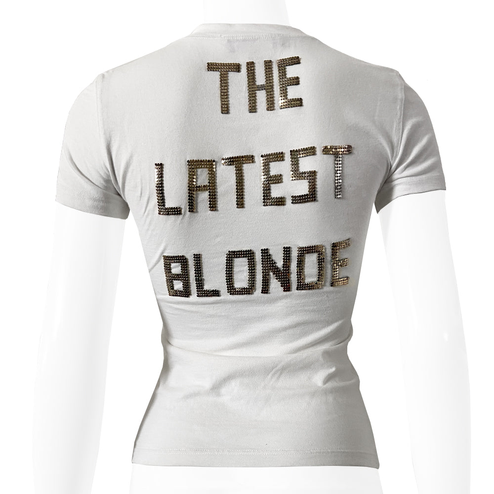Christian Dior J’Adore Dior Latest Blonde short sleeve tee John Galliano for Christian Dior, Autumn 2003 with J’Adore Dior in front, Latest Blonde in back printed in gold-tone chainmail. Made in Italy.