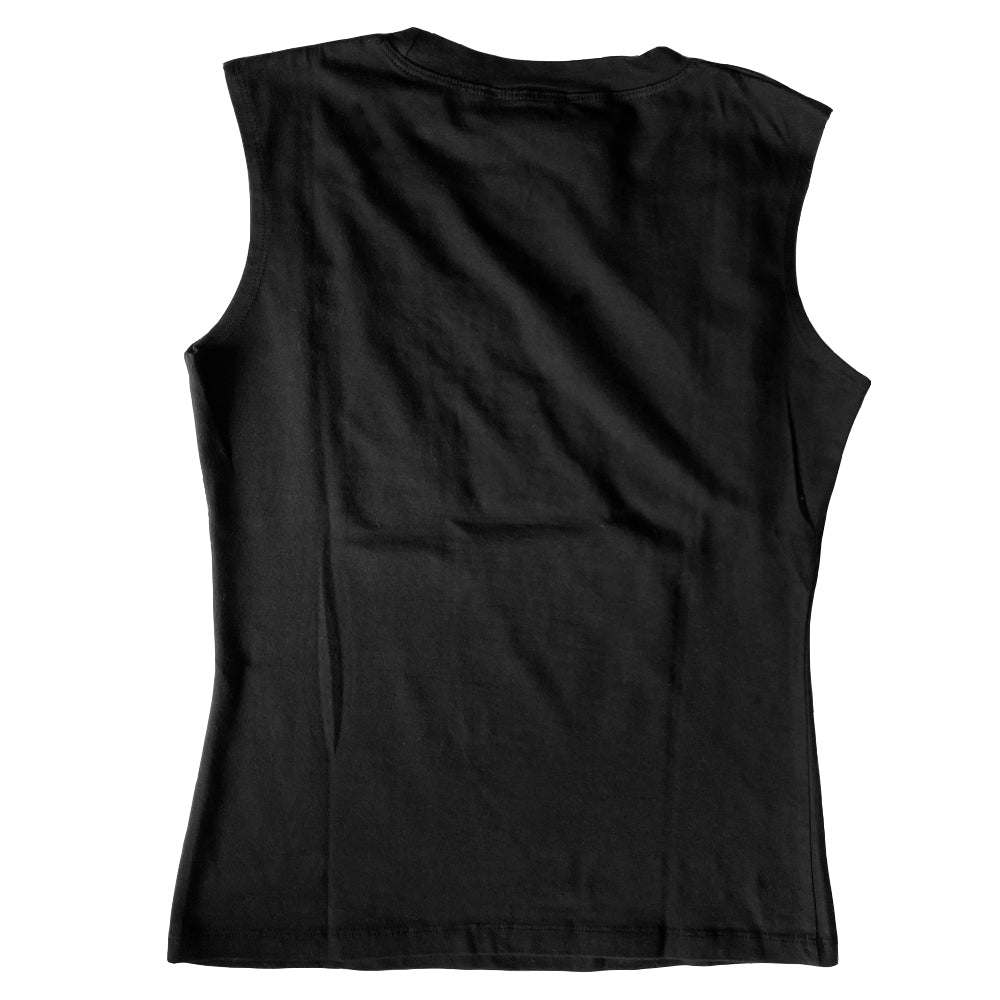 J'adore Dior logo black sleeveless crew neck tee by John Galliano for Dior, Spring 2002 with tonal accent stitched tan color suede logo appliqué letters. Made in France 