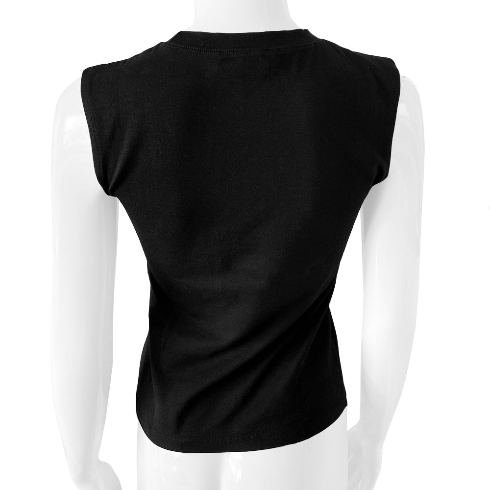 J'adore Dior logo black sleeveless crew neck tee by John Galliano for Dior, Spring 2002 with tonal accent stitched tan color suede logo appliqué letters. Made in France 