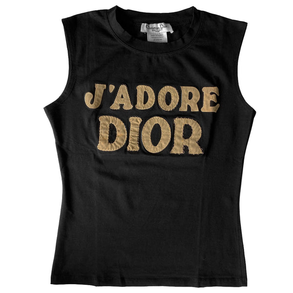 J'adore Dior logo black sleeveless crew neck tee by John Galliano for Dior, Spring 2002 with tonal accent stitched tan color suede logo appliqué letters. Made in France 