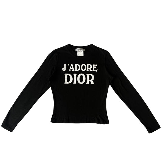 Christian Dior J’Adore Dior 1947 World Champion long sleeve tee by John Galliano for Christian Dior, winter 2001 with white velvet lettering J’Adore Dior in front and World Champion 1947 in back. Made in Italy 