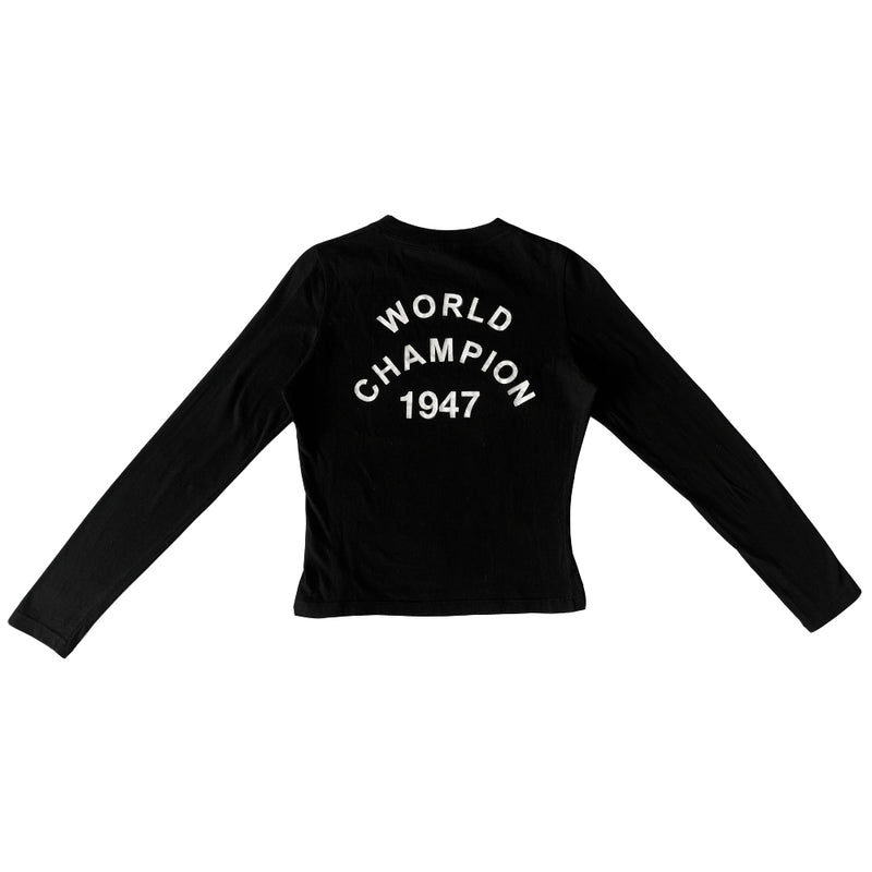 Christian Dior J’Adore Dior 1947 World Champion long sleeve tee by John Galliano for Christian Dior, winter 2001 with white velvet lettering J’Adore Dior in front and World Champion 1947 in back. Made in Italy 