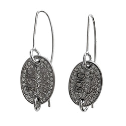 Christian Dior J’Adore Dior silver tone hook style drop earrings featuring white  crystal encrusted oval with J’Adore Dior printed inside.  