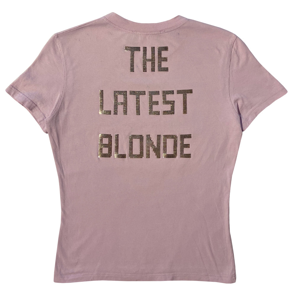 Christian Dior J’Adore Dior pastel pink with gold-tone chainmail print short sleeve Latest Blonde tee by John Galliano for Christian Dior, winter 2002 with J’Adore Dior in front, Latest Blonde in back printed in chainmail.  Made in Italy 
