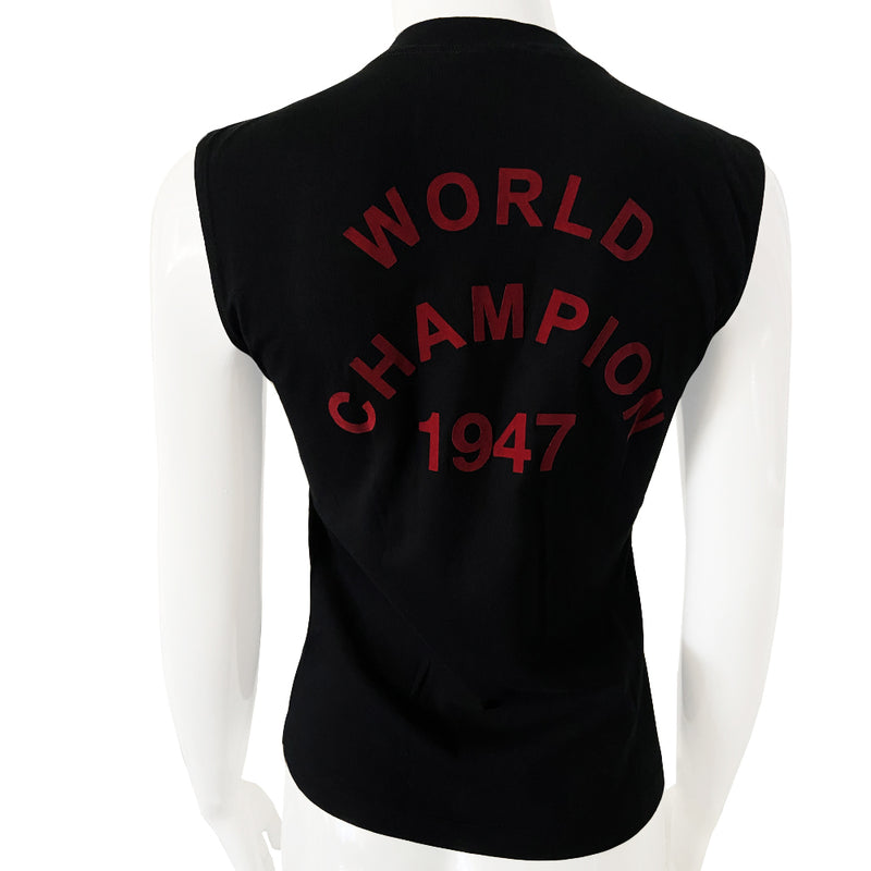 Christian Dior black J’Adore Dior 1947 World Champion sleeveless tee by John Galliano for Christian Dior, Autumn 2002 with red velvet lettering J’Adore Dior in front with World Champion 1947 on back. Made in Italy 