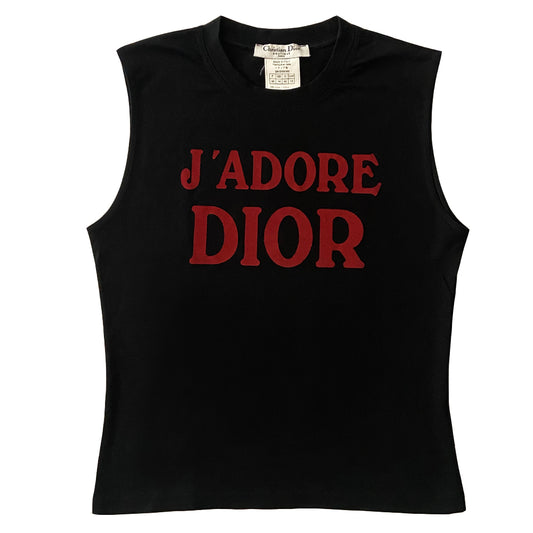 Christian Dior black J’Adore Dior 1947 World Champion sleeveless tee by John Galliano for Christian Dior, Autumn 2002 with red velvet lettering J’Adore Dior in front with World Champion 1947 on back. Made in Italy 