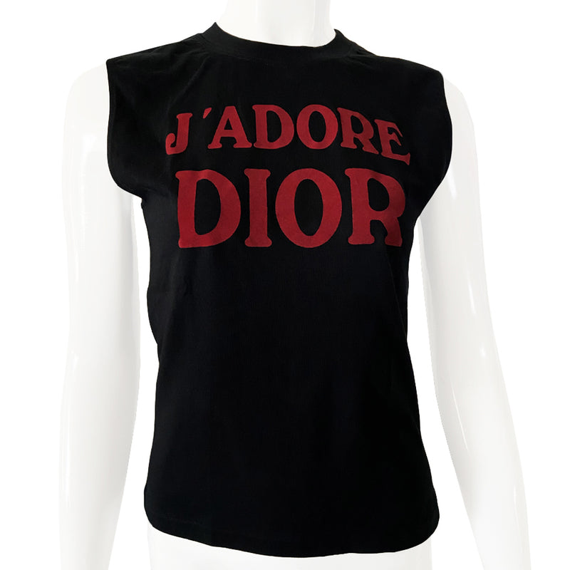 Christian Dior black J’Adore Dior 1947 World Champion sleeveless tee by John Galliano for Christian Dior, Autumn 2002 with red velvet lettering J’Adore Dior in front with World Champion 1947 on back. Made in Italy 