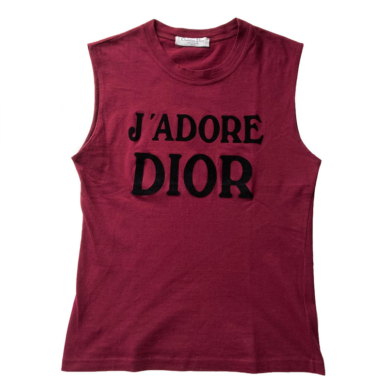 Christian Dior J’Adore Dior World Champion sleeveless crew neck tee in raspberry with black velvet lettering from John Galliano 2001. J’Adore Dior printed in front and World Champion 1947 on back. Fabric: 100% cotton Size: FR 36 Made in Italy 