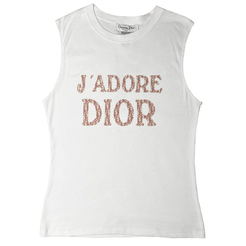 Christian Dior J’Adore Dior white crew neck sleeveless tee by John Galliano for Dior, spring 2004 with front J’Adore Dior pink monogram print and No 1 in back. Fabric: 100% Cotton. Made in France 