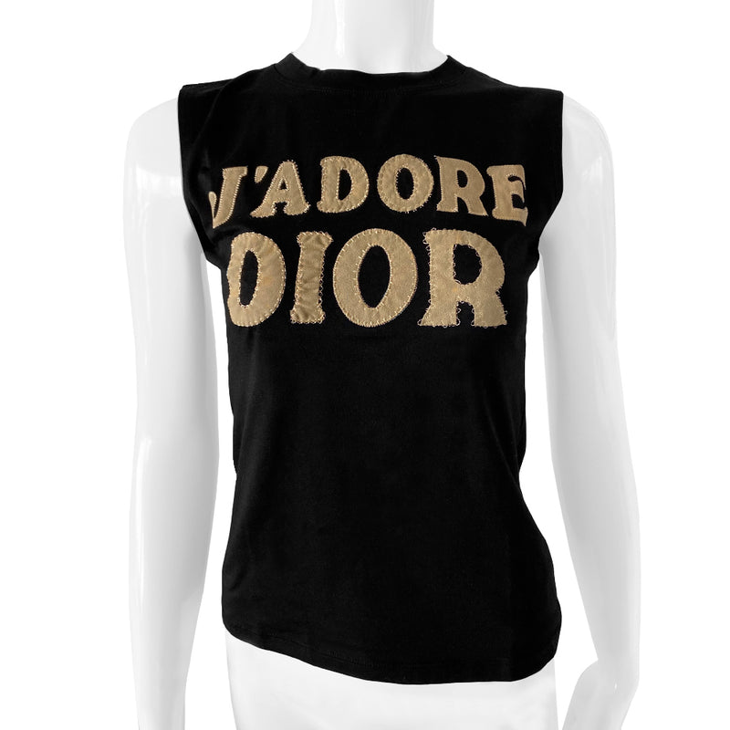 J'adore Dior logo black sleeveless crew neck tee by John Galliano for Dior, Spring 2002 with tonal accent stitched tan color suede logo appliqué letters. Made in France 