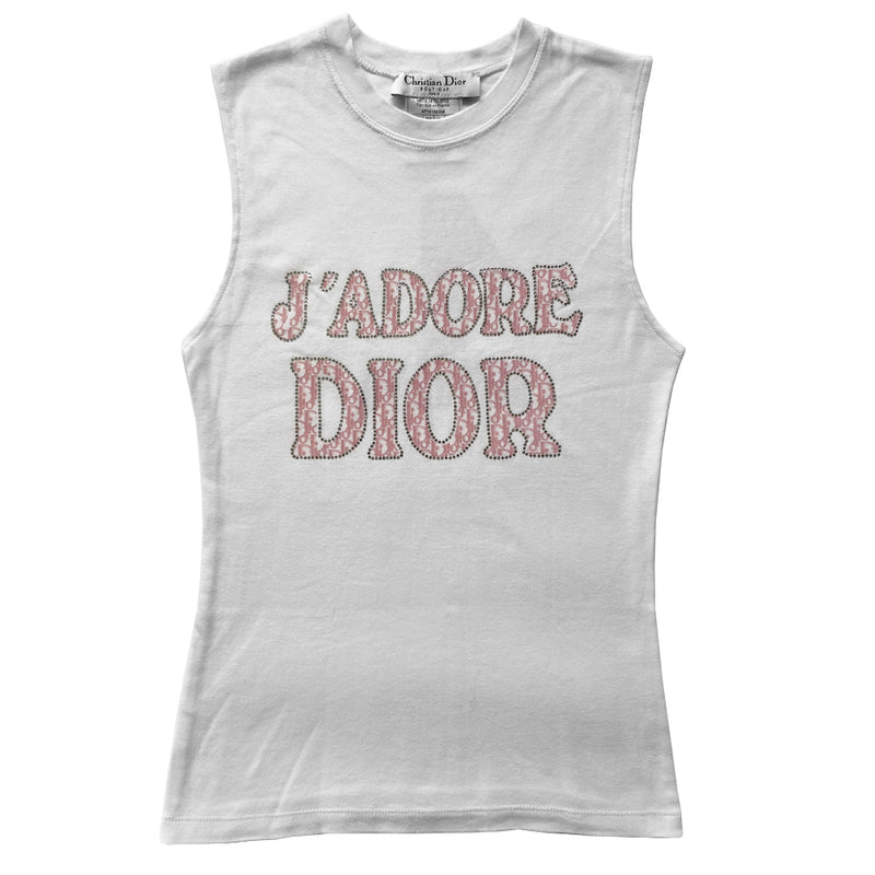Christian Dior J’Adore Dior crystal embellished pink monogram on white sleeveless tee from John Galliano for Dior, spring 2004. Crystal embellished J’Adore Dior in pink Diorissimo front and No 1 in back. Made in France.  