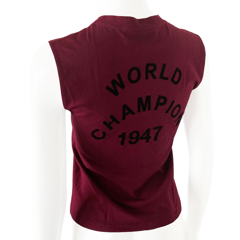 Christian Dior J’Adore Dior World Champion sleeveless crew neck tee in raspberry with black velvet lettering from John Galliano 2001. J’Adore Dior printed in front and World Champion 1947 on back. Fabric: 100% cotton Size: FR 36 Made in Italy 