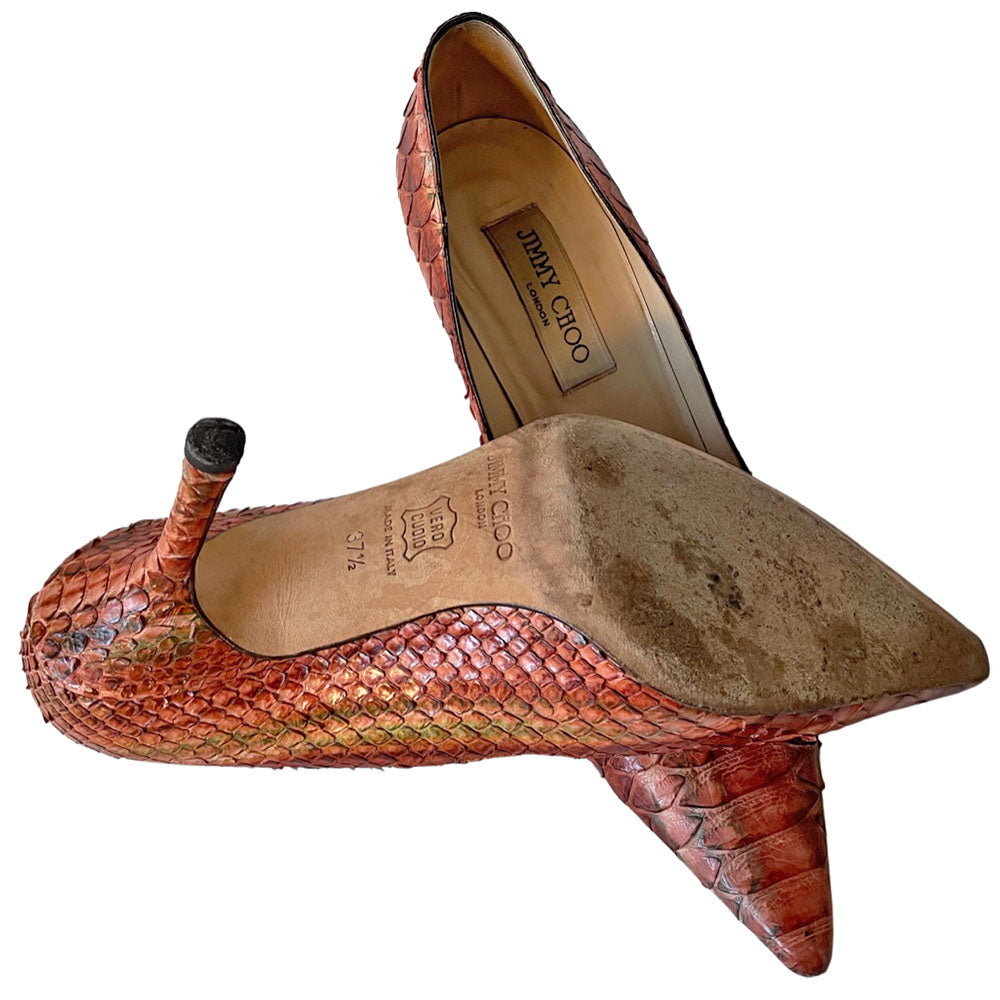 2000s Jimmy Choo burnt orange snakeskin pumps with green accents Materials: Snakeskin upper, leather soles. Made in italy
