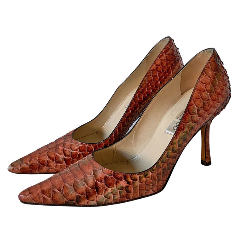 2000s Jimmy Choo burnt orange snakeskin pumps with green accents Materials: Snakeskin upper, leather soles. Made in italy