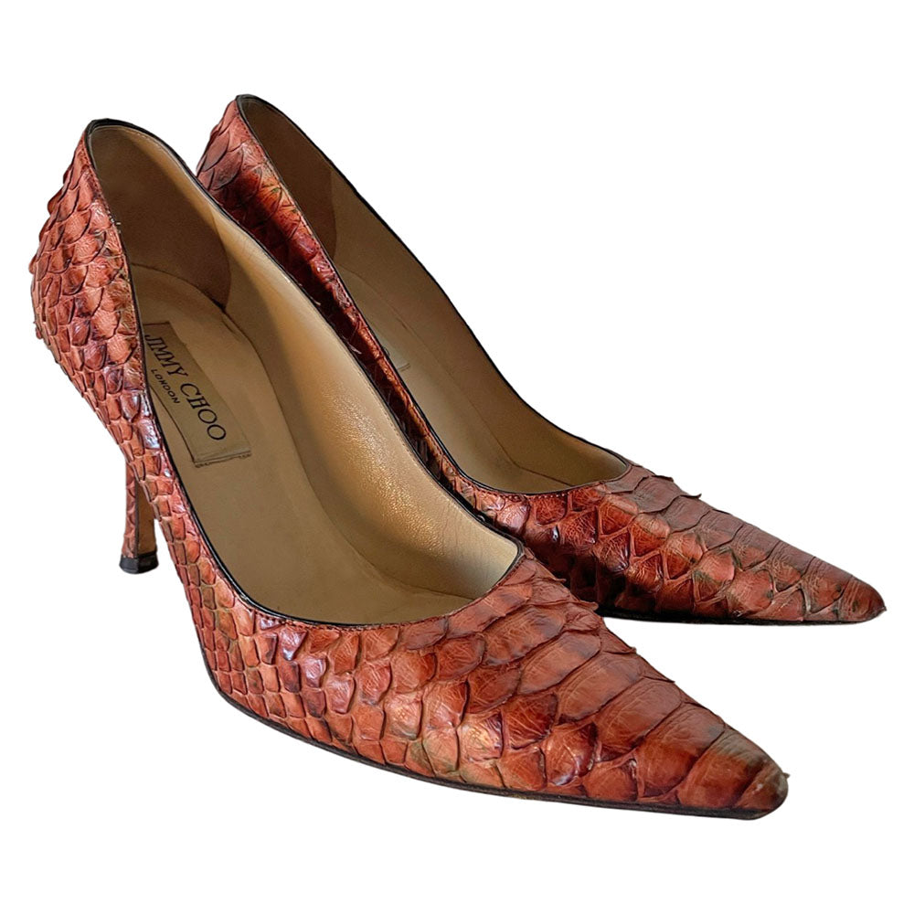 2000s Jimmy Choo burnt orange snakeskin pumps with green accents Materials: Snakeskin upper, leather soles. Made in italy