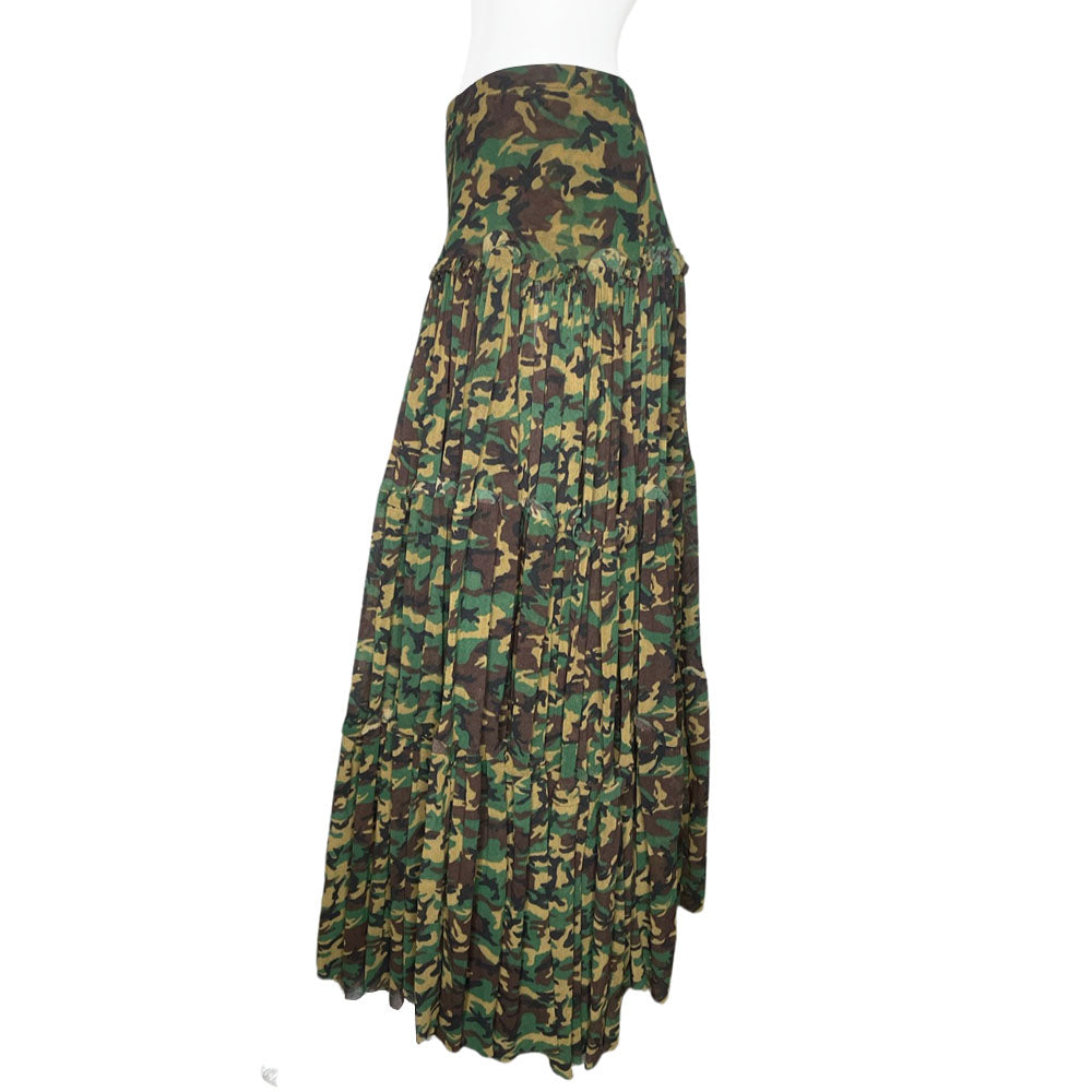 Jean Paul Gaultier Classique, circa 1990's mesh slip-on elastic waist long skirt with all over camouflage print, fitted from waist to hips with gathering at the horizontal seam for a full draped skirt below 