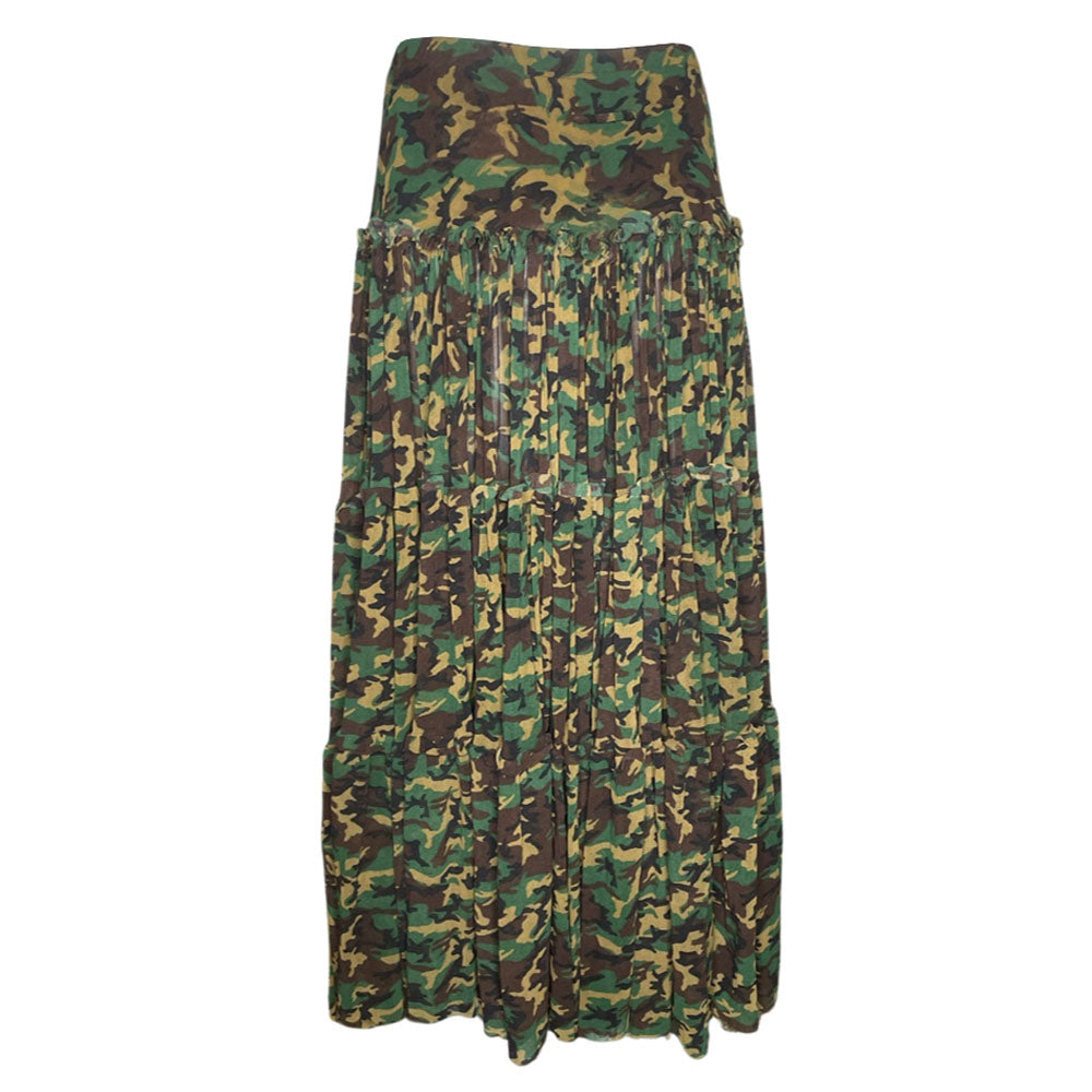 Jean Paul Gaultier Classique, circa 1990's mesh slip-on elastic waist long skirt with all over camouflage print, fitted from waist to hips with gathering at the horizontal seam for a full draped skirt below 