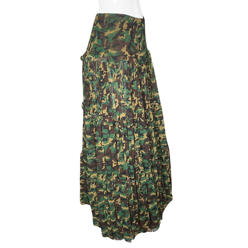 Jean Paul Gaultier Classique, circa 1990's mesh slip-on elastic waist long skirt with all over camouflage print, fitted from waist to hips with gathering at the horizontal seam for a full draped skirt below 