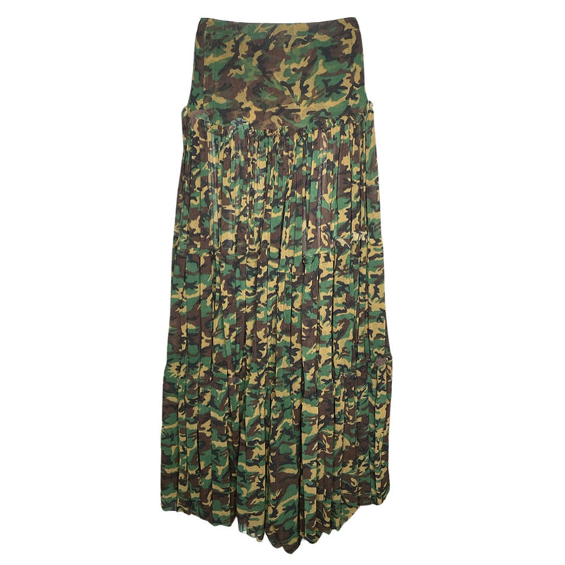 Jean Paul Gaultier Classique, circa 1990's mesh slip-on elastic waist long skirt with all over camouflage print, fitted from waist to hips with gathering at the horizontal seam for a full draped skirt below 