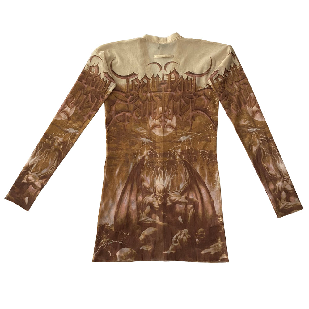 Jean Paul Demon rare beige and light brown cardigan from John Paul Gaultier Femme, 2001 in stretch mesh featuring winged demon on front and back and Jean Paul Gaultier name in gothic print with gold-tone button front closure, 2 patch style front pockets. 100% Polyamide Size: 40 Made in Japan 