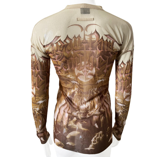 Jean Paul Demon rare beige and light brown cardigan from John Paul Gaultier Femme, 2001 in stretch mesh featuring winged demon on front and back and Jean Paul Gaultier name in gothic print with gold-tone button front closure, 2 patch style front pockets. 100% Polyamide Size: 40 Made in Japan 