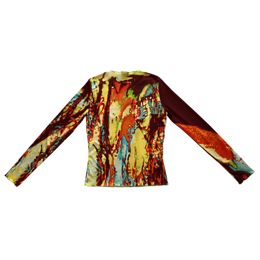 Jean Paul abstract faces long sleeve sheer mesh top by Jean Paul Gaultier Femme, spring 2000 featuring brilliant blue, lime green, orange, black faces and print in front, back and sleeves with lime green accent stitching. Tag size: 40. 100% Polyamide. Made in Japan 