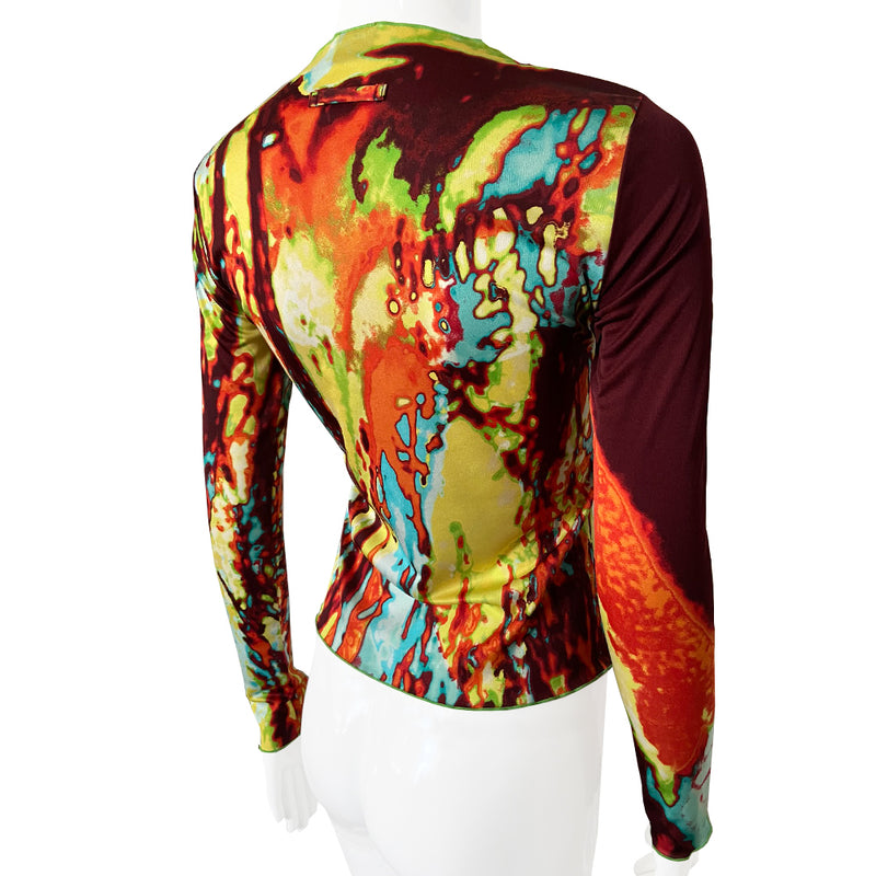 Jean Paul abstract faces long sleeve sheer mesh top by Jean Paul Gaultier Femme, spring 2000 featuring brilliant blue, lime green, orange, black faces and print in front, back and sleeves with lime green accent stitching. Tag size: 40. 100% Polyamide. Made in Japan 