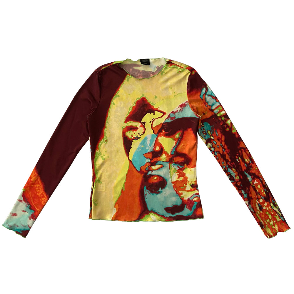 Jean Paul abstract faces long sleeve sheer mesh top by Jean Paul Gaultier Femme, spring 2000 featuring brilliant blue, lime green, orange, black faces and print in front, back and sleeves with lime green accent stitching. Tag size: 40. 100% Polyamide. Made in Japan 