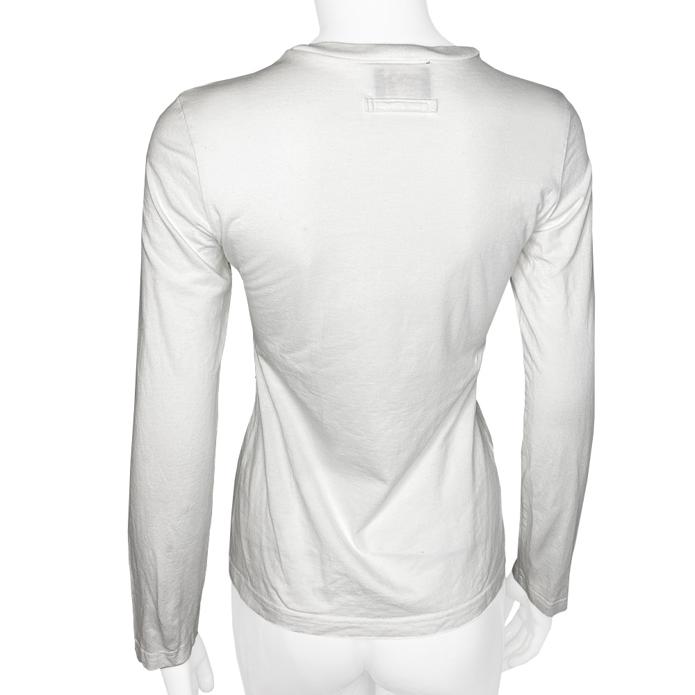 Jean Paul Gaultier Fight Racism Tee by Jean Paul Gaultier JPG label circa circa 1997. Crew neck long sleeved tee with framed punk profile image at front center over black and white photo Tag size: 40 Main Color: White with red, black, grey print 