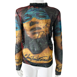 Jean Paul Gaultier face print tattoo mesh top in black, blue, yellow, burgundy by Gaultier Homme, circa 1996 with crew neck long sleeved mesh fabric featuring woman’s face and Jean Paul Gaultier signature on front and back. Yellow accent serge stitching at arms, side seams and neckline. Made in Japan