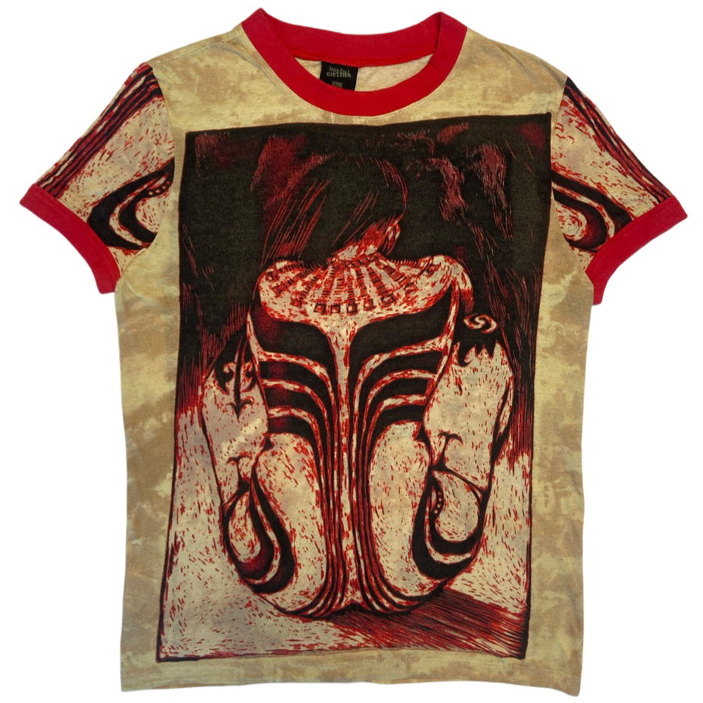 Jean Paul Gaultier Homme, circa 1994, short sleeve tee with contrast red crew neck and sleeve bands featuring a woman with tribal tattooed body. Size: 48 Made in Japan 