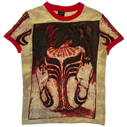 Jean Paul Gaultier Homme, circa 1994, short sleeve tee with contrast red crew neck and sleeve bands featuring a woman with tribal tattooed body. Size: 48 Made in Japan 