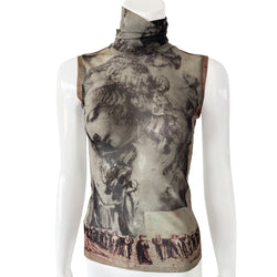 Jean Paul Gaultier religious sleeveless mesh top in black, brown, cream by Jean Paul Gaultier Femme, circa early 2000s with religious figures and angels depicted on high neck sleeveless sheer mesh top. Made in Japan 