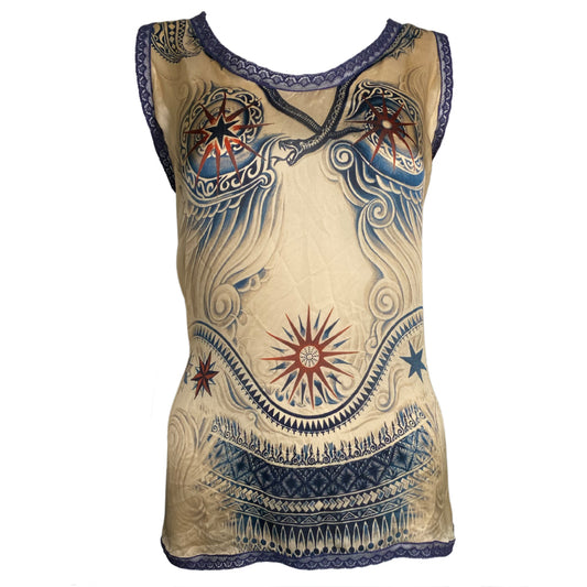 Jean Paul Gaultier mid 2000's Femme label camisole in delicate flowing printed silk trimmed with navy lace. Japanese inspired waves with stars, snakes, Jean Paul Gaultier and dragon printed in back. Made in Italy